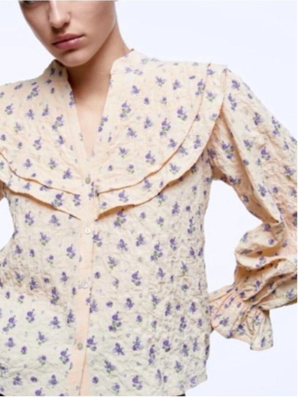 zara Romantic Floral Ruffle Collar Blouse Cream Purple Vintage Inspired - Picture 2 of 11